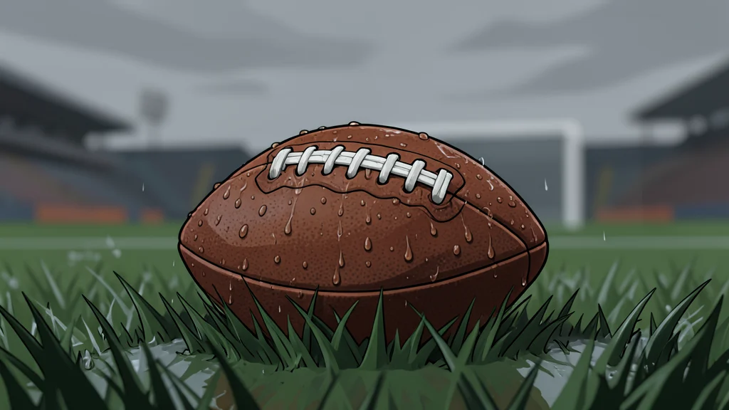 A green grass football field with white yard lines and goalposts in the distance under a cloudy sky