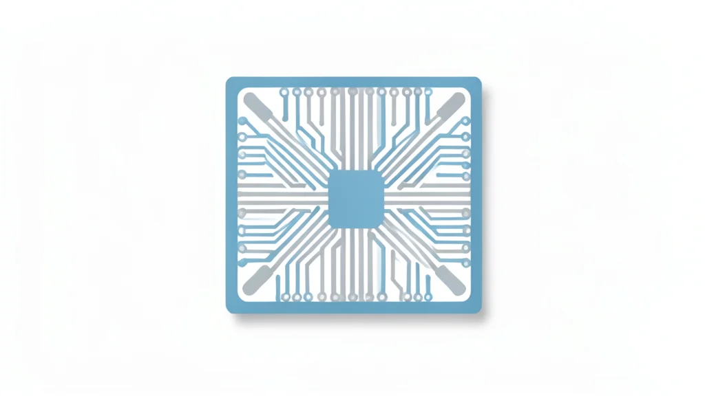 A close-up view of a small, square silicon wafer with a grid of intricate circuit patterns, resting on a clean white surface.
