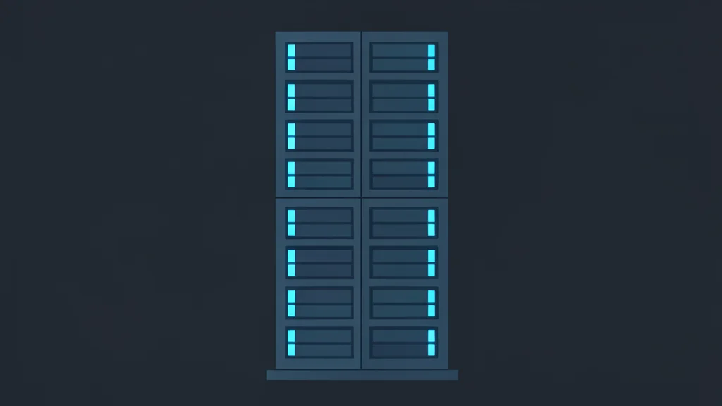A dark server rack with glowing blue lights in a dim room