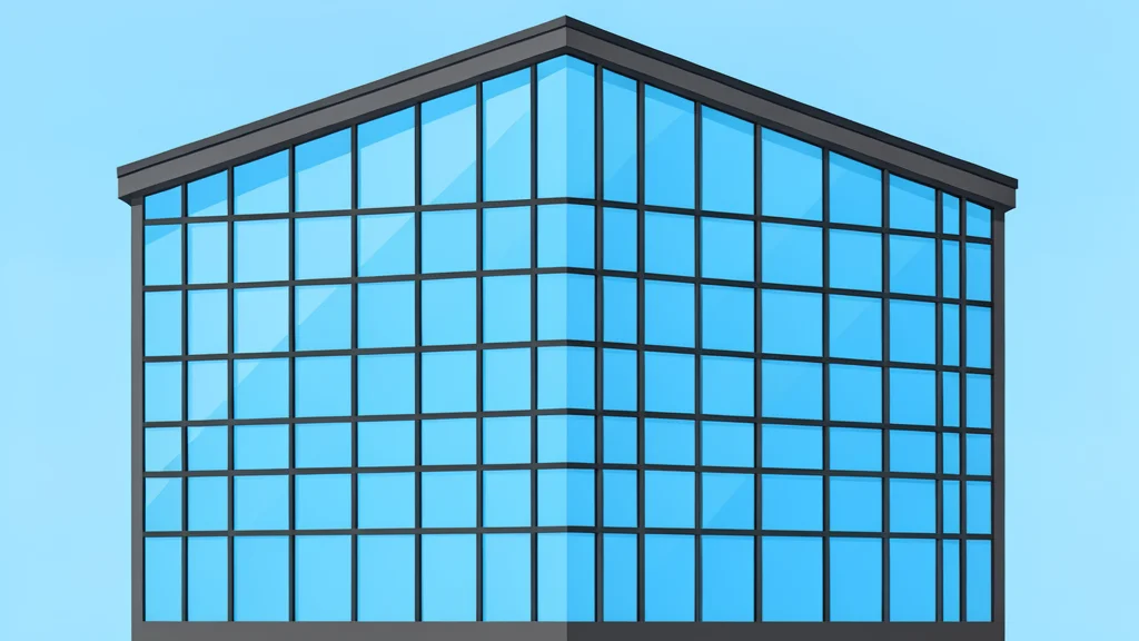 A modern glass office building with a grid of windows reflecting the sky