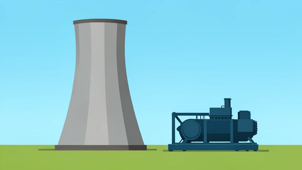 A large industrial cooling tower and a natural gas turbine engine standing side by side in an open field