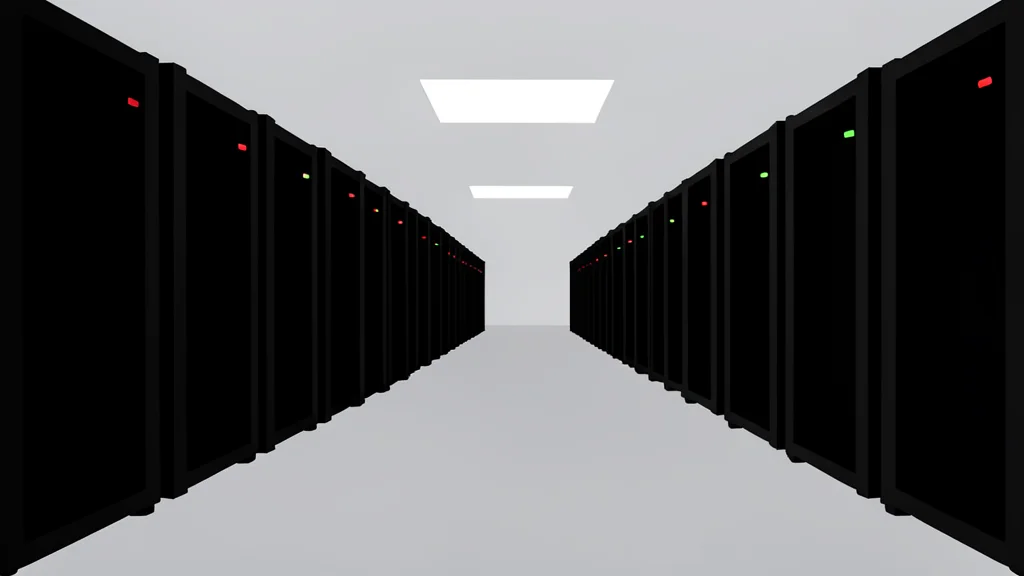 A dimly lit server room with rows of black computer towers and blinking indicator lights