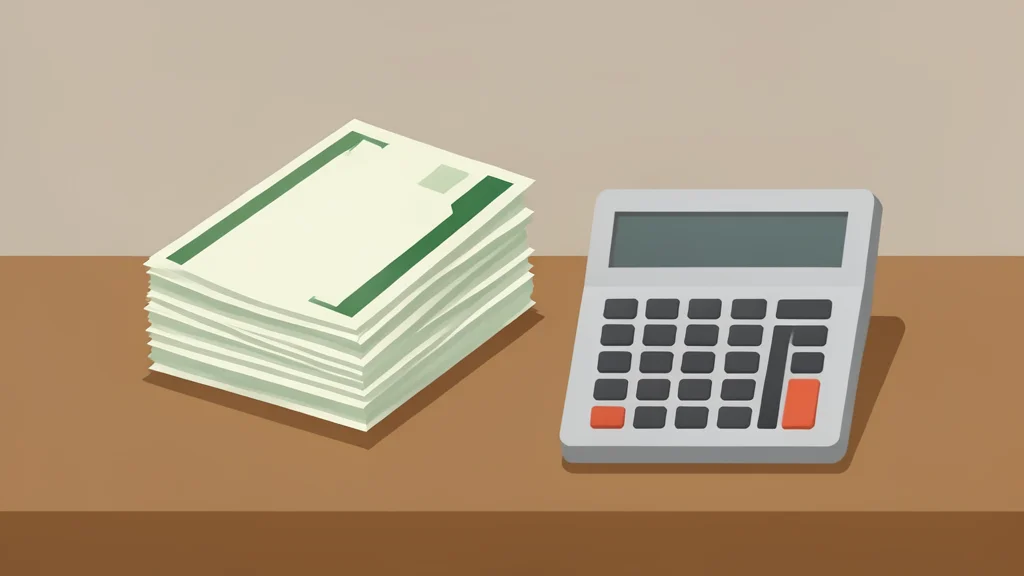 A stack of paper currency and a calculator on a wooden desk