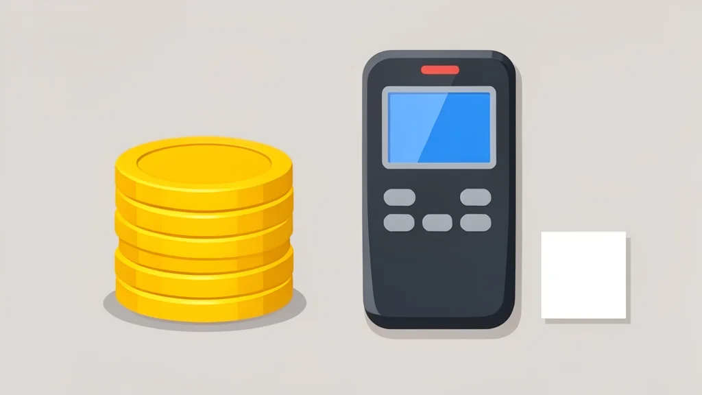 A stack of gold coins next to a digital payment terminal and a warehouse membership card