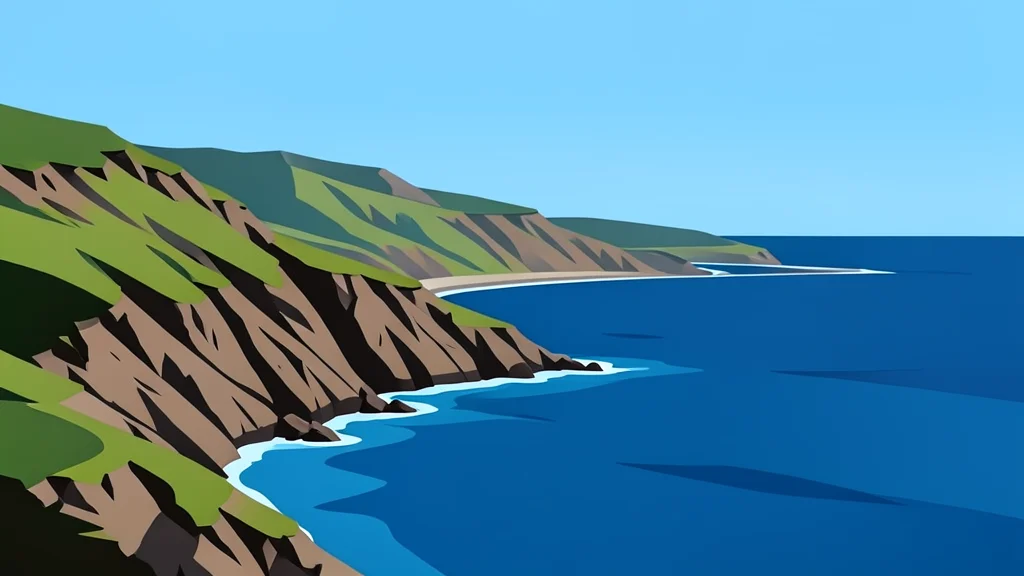 A rugged coastline meeting the sea with a narrow strait in the distance