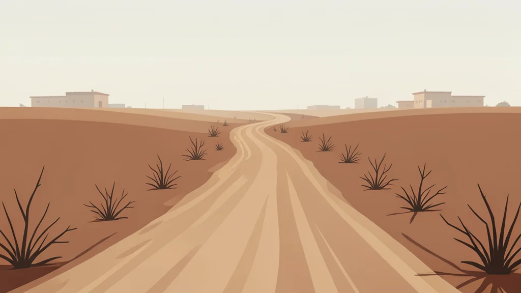A long, winding dirt road stretching into a hazy horizon, flanked by sparse, dry vegetation and distant, low-rise structures.
