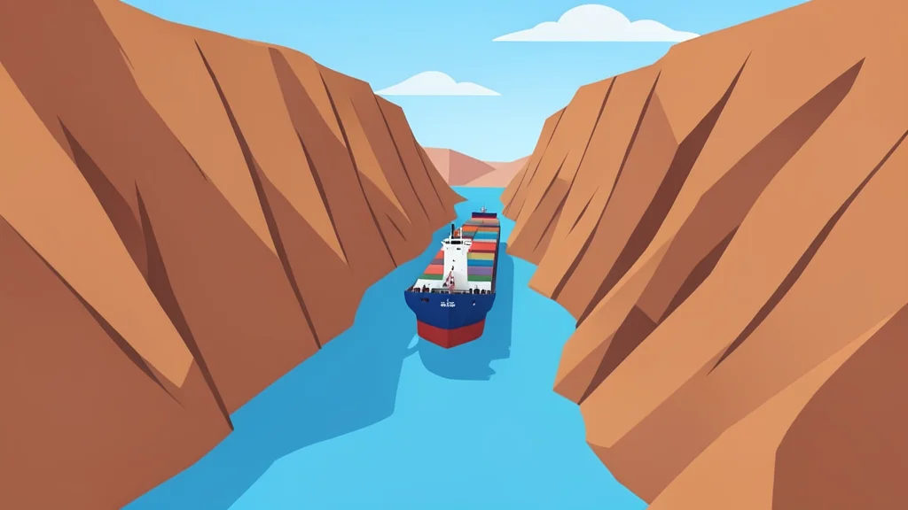 A large oil tanker navigates a narrow, winding waterway between steep, arid cliffs.