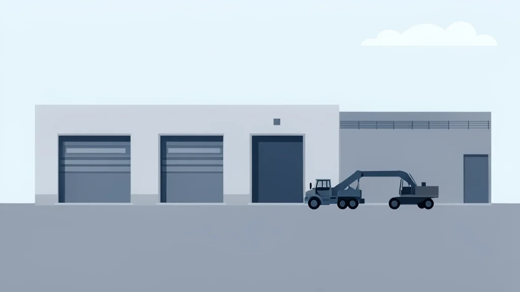 A large industrial factory exterior with loading docks and heavy machinery, depicted in a flat-vector style with muted industrial tones.