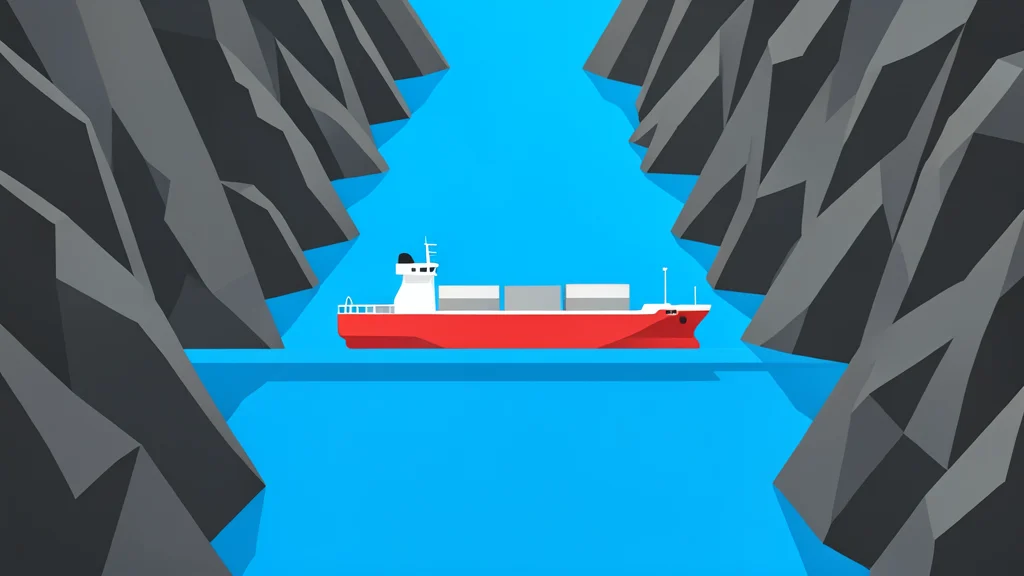 A large cargo ship navigating a narrow, rocky strait between two large bodies of water.