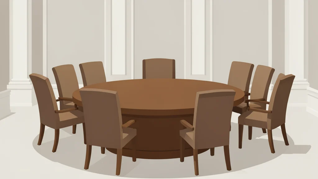 A large, circular wooden table surrounded by high-backed chairs in a grand assembly hall