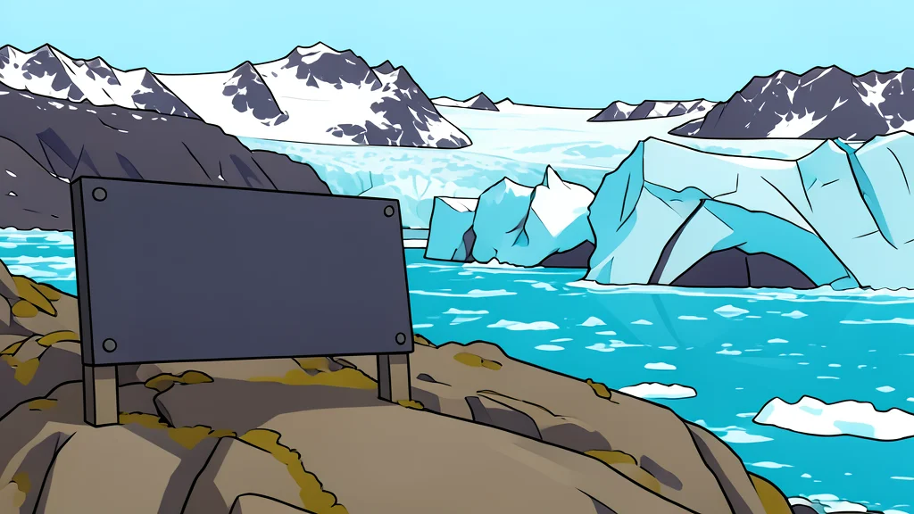 A vast, frozen arctic landscape with jagged icebergs floating in dark blue water under a twilight sky