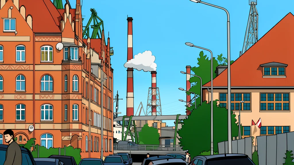 A modern industrial factory exterior with large ventilation stacks and loading docks