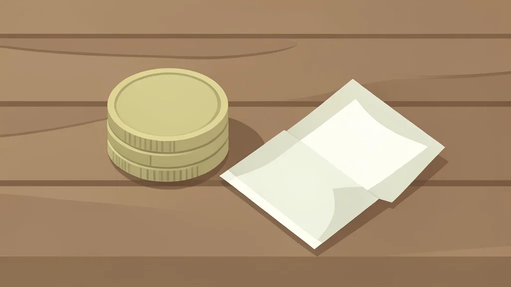 A stack of coins and a paper currency note resting on a wooden desk surface
