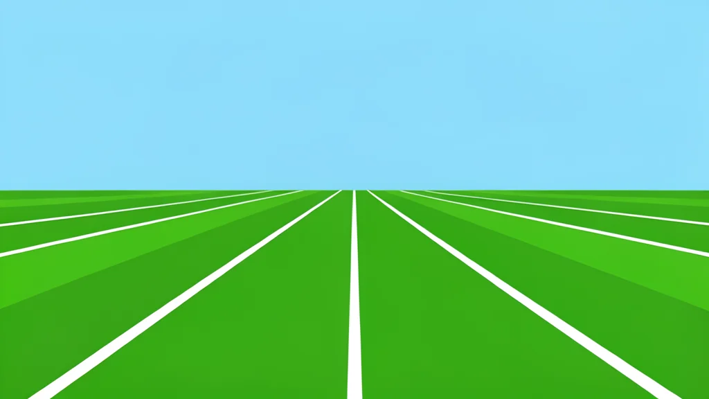 A grassy football field with white yard lines stretching into the distance under a clear sky