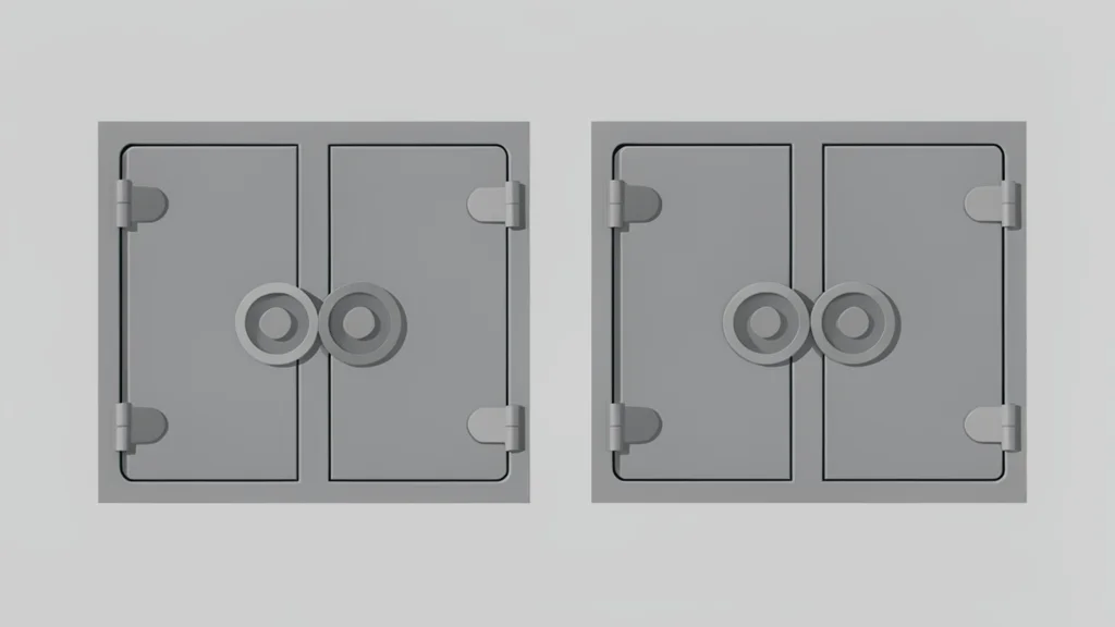 A row of distinct bank vault doors standing side by side