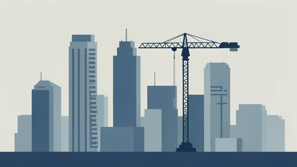 A modern city skyline in New Delhi with a construction crane in the foreground