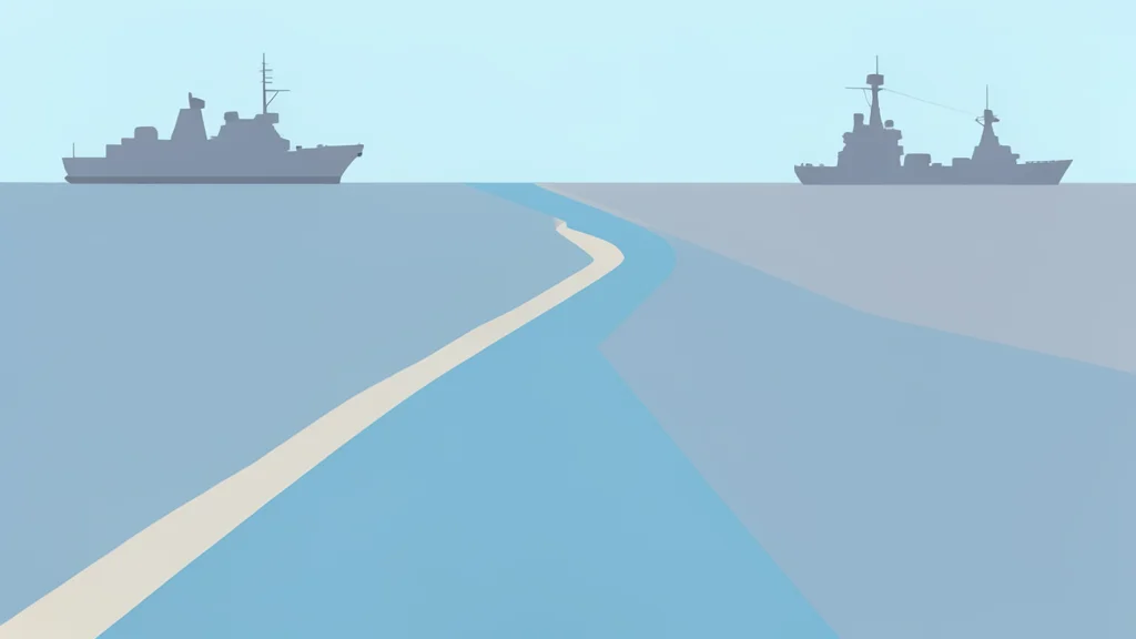 A flat vector illustration of the Red Sea coastline featuring a strategic strait and distant naval vessels on the horizon.