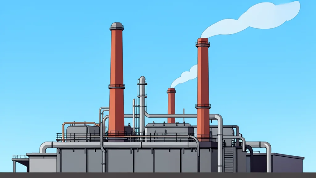 A large industrial refinery with tall smokestacks and complex piping structures standing against a clear sky