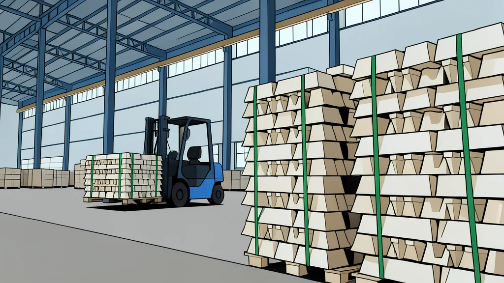 A stack of silver metal ingots resting on a wooden pallet in a warehouse