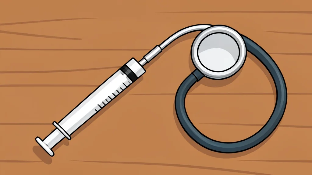A white medical syringe resting on a wooden table next to a stethoscope