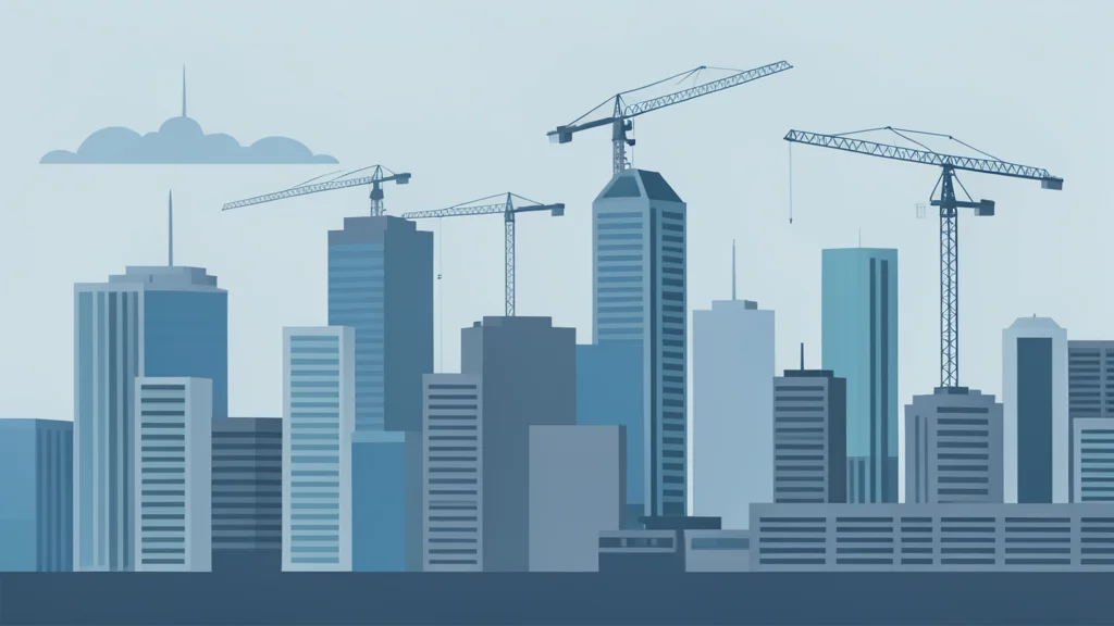 A modern city skyline with high-rise buildings and construction cranes in the background