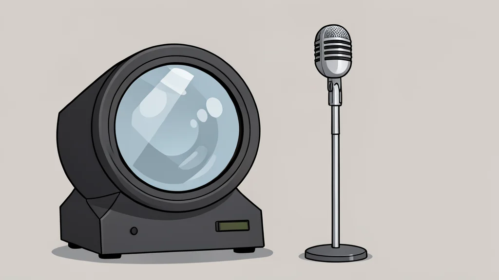 A flat-vector illustration of a television studio camera lens and a microphone stand, with no text or numbers.