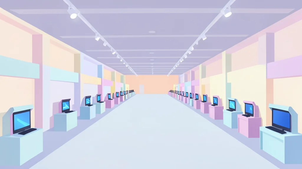 A wide-angle view of a large convention hall filled with rows of exhibition booths and gaming stations, rendered in a clean flat-vector style.