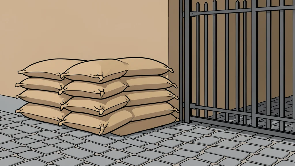 A row of sandbags stacked on a cobblestone street corner near a closed metal gate
