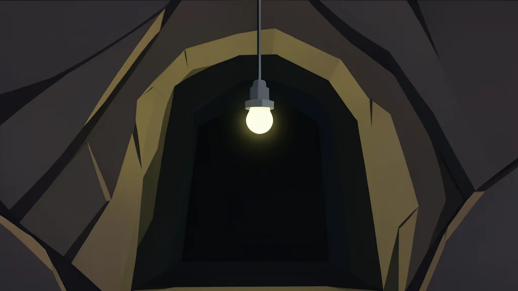 A dark, narrow tunnel entrance in rocky earth with a single hanging light bulb