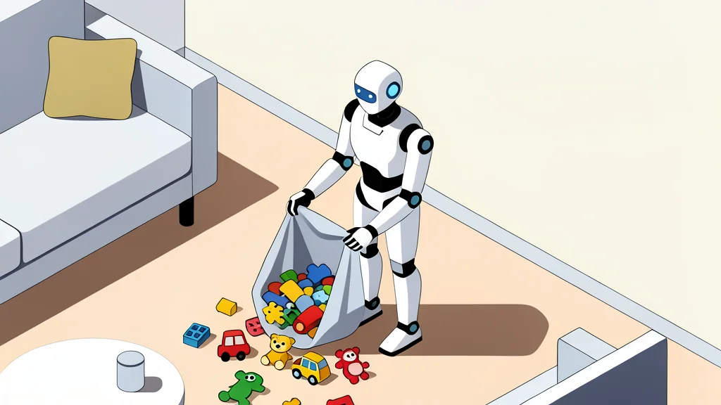 A humanoid robot standing in a living room next to a laundry basket and a bed