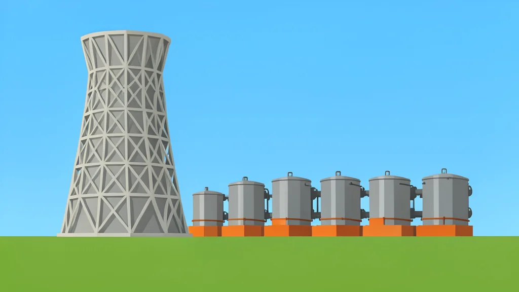 A large industrial cooling tower and a row of heavy-duty gas turbine engines standing in an open field