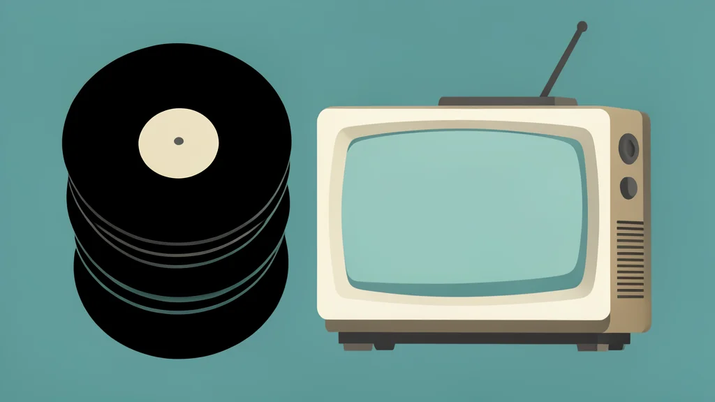 A stack of vinyl records next to a vintage television set