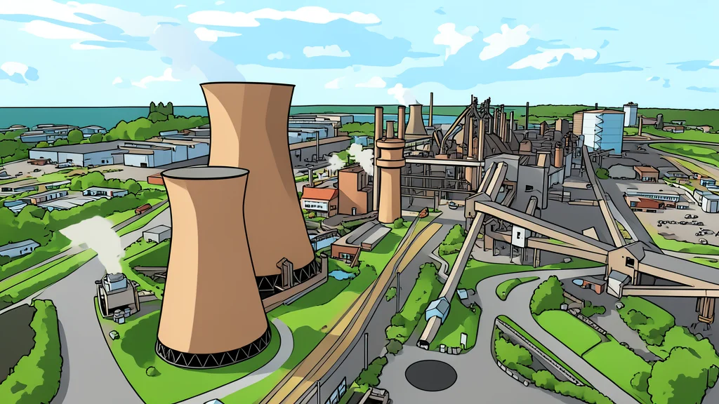 A large industrial blast furnace structure with glowing orange metal flowing from a tap.