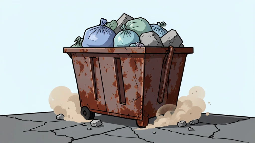 A large, sprawling pile of mixed refuse and debris sitting in a dry, dusty valley landscape with thin smoke rising from the surface.