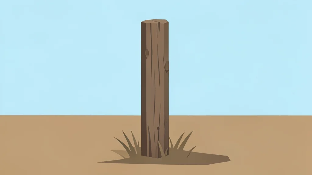 A weathered wooden fence post standing in a dry, grassy field under a clear sky
