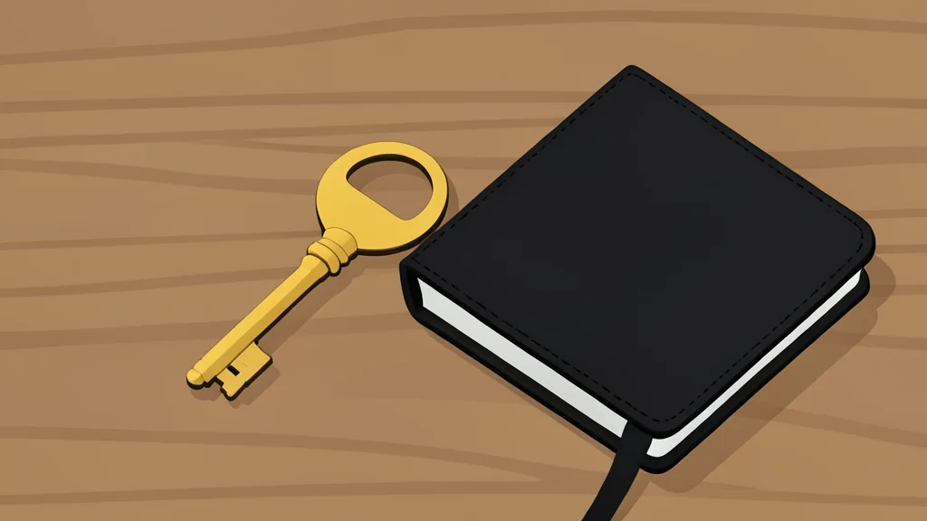 A single house key resting on a wooden table next to a closed notebook