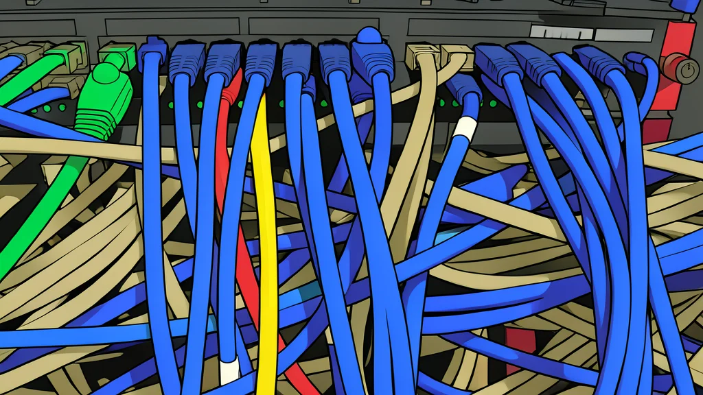 A flat vector illustration of a network switch with multiple ethernet cables plugged into its ports.