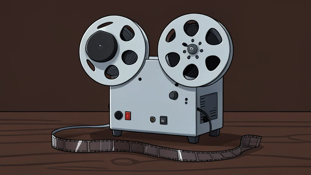 A vintage film reel resting on a wooden table next to a pair of 3D glasses