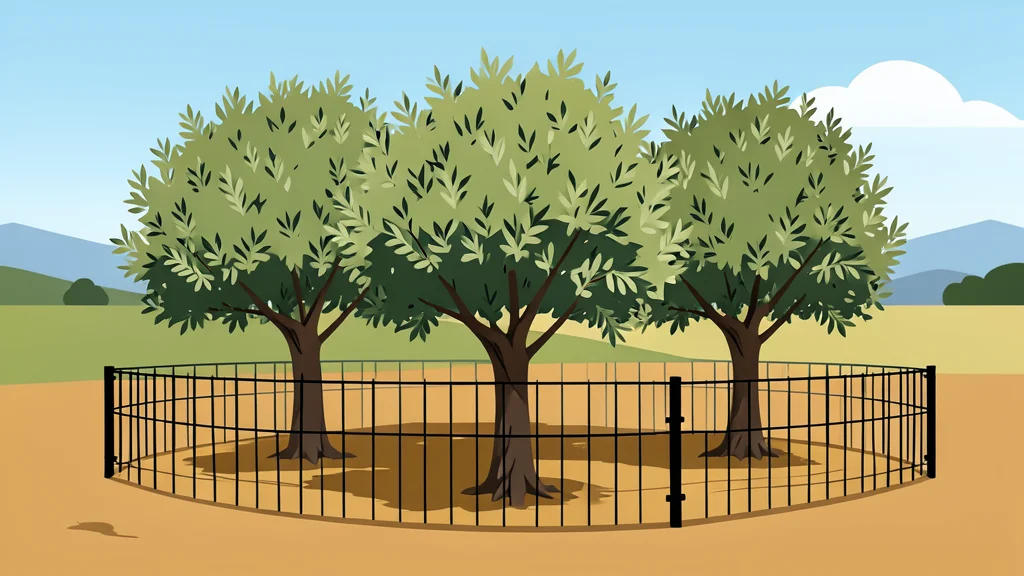 A wire fence enclosing a grove of olive trees in a rural landscape