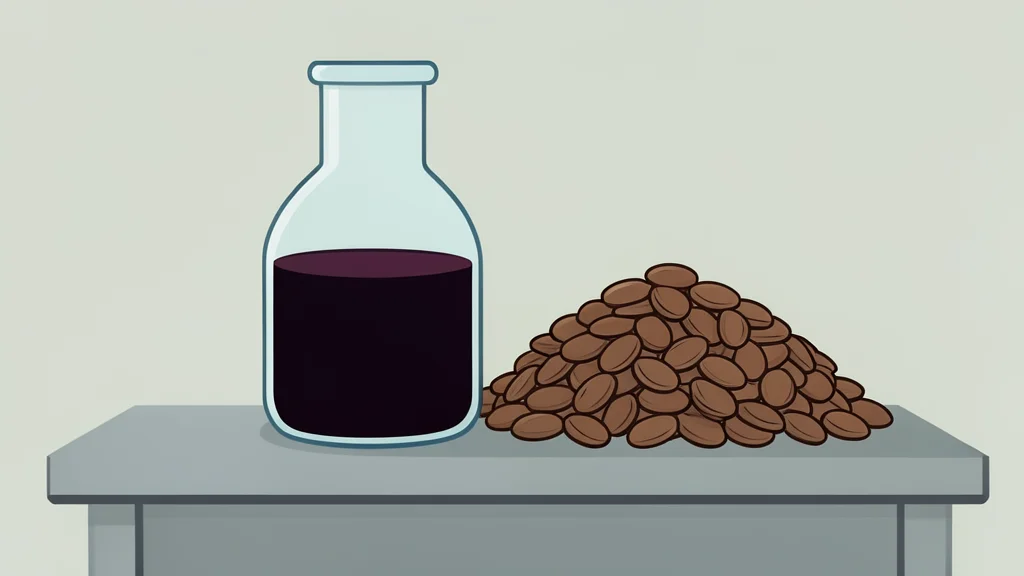 A glass bottle containing dark viscous liquid sitting on a laboratory bench next to a pile of brown seeds