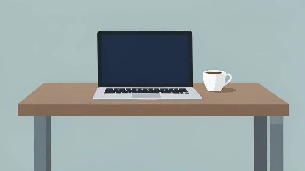 A minimalist flat-vector illustration of a modern office desk featuring a laptop and a coffee cup.