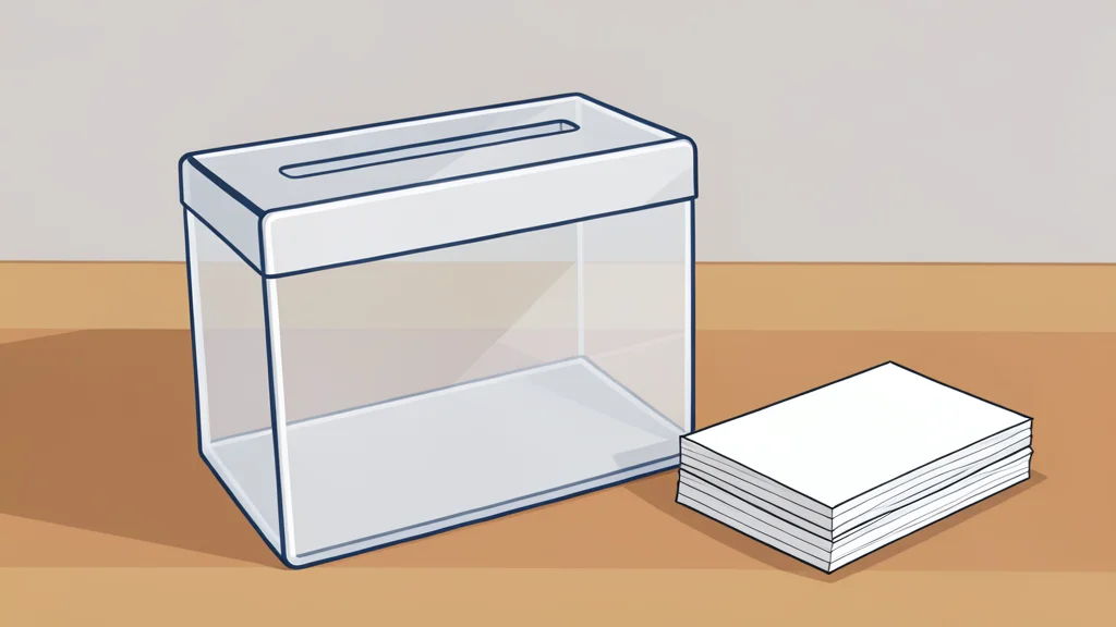 A stack of blank paper ballots and a wooden ballot box