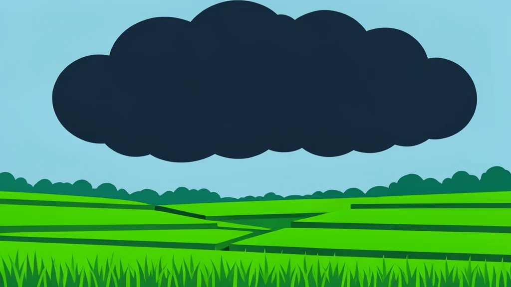 A dense monsoon cloud over a lush green rice paddy field.