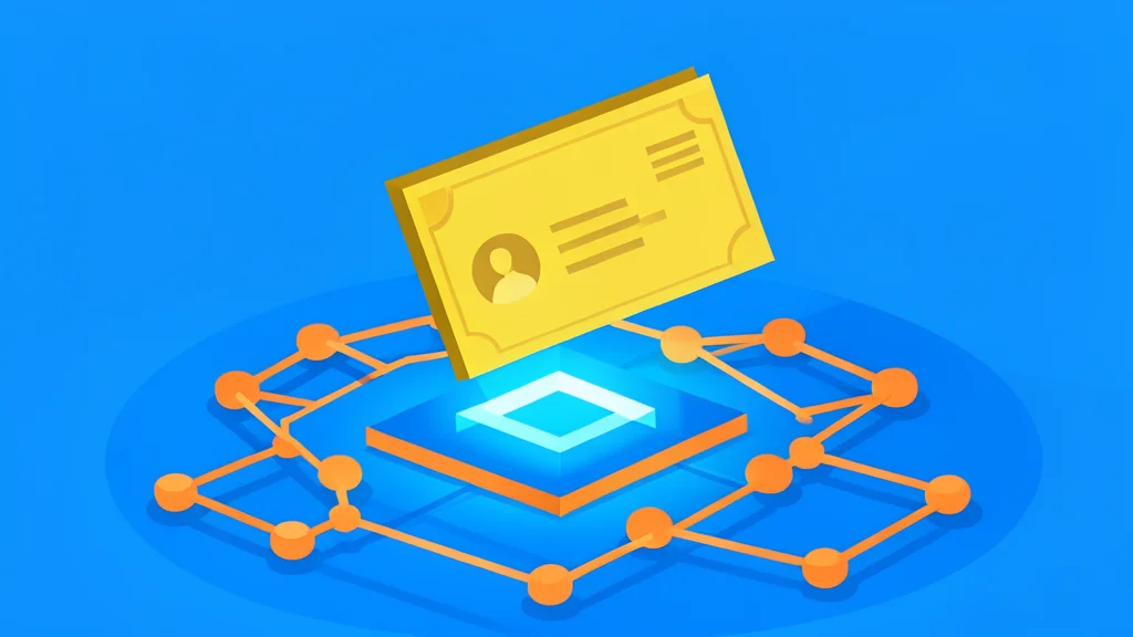 A digital representation of a stock certificate floating above a glowing blockchain network