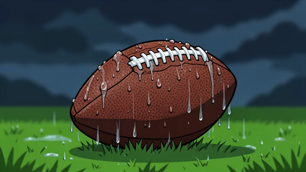 A rain-soaked football field with white yard lines and goalposts under a dark, stormy sky