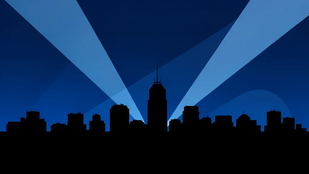 A silhouette of a city skyline at night with searchlights sweeping across the sky
