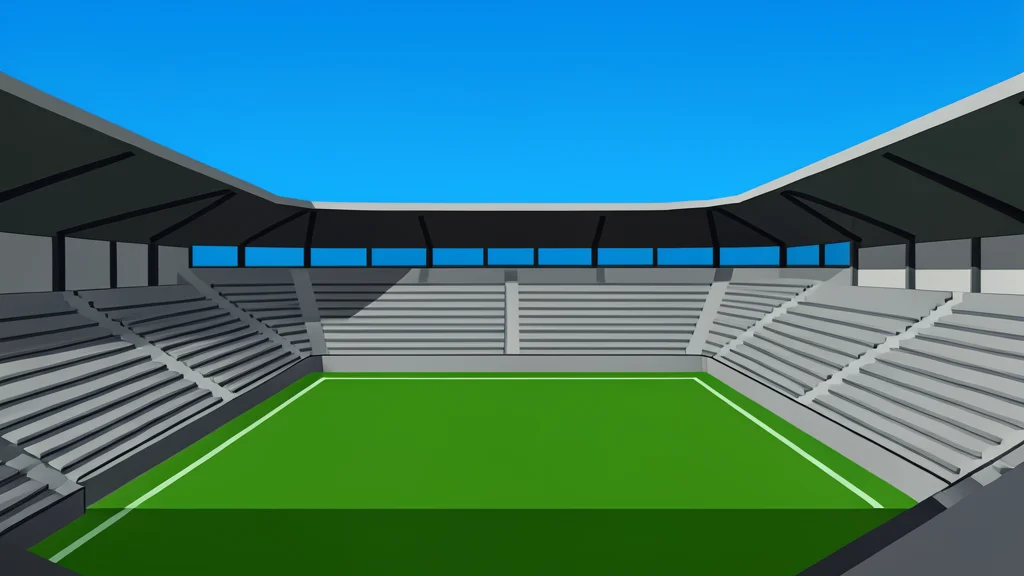 A large, open-air stadium with tiered seating surrounding a green grass field under a clear evening sky.