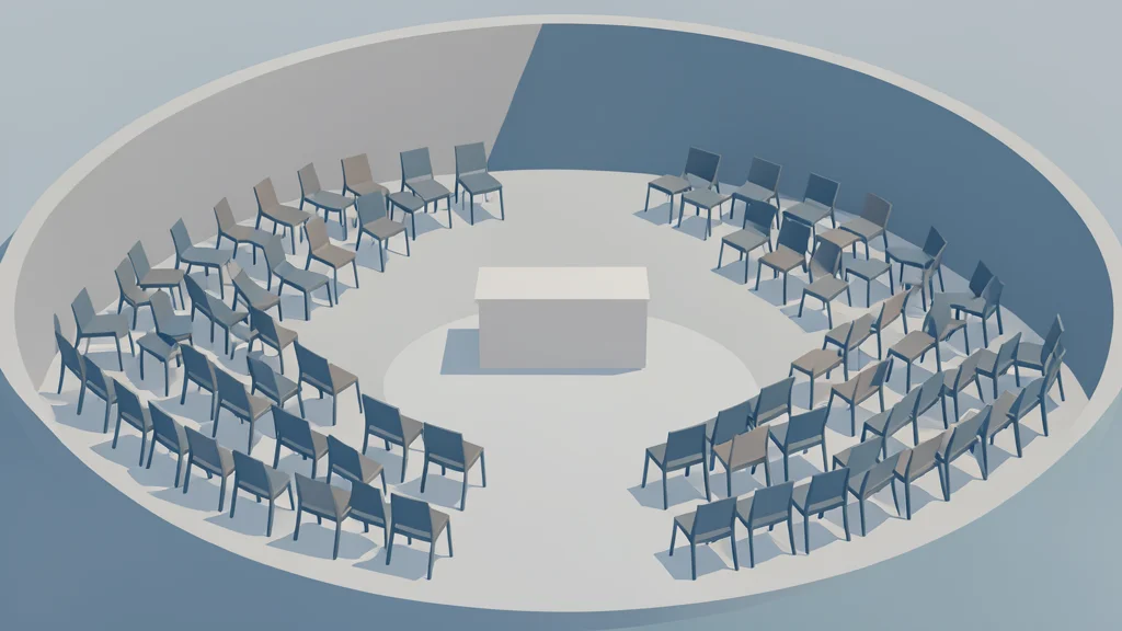 A large, circular assembly hall with rows of empty chairs facing a central podium, bathed in soft, neutral light.