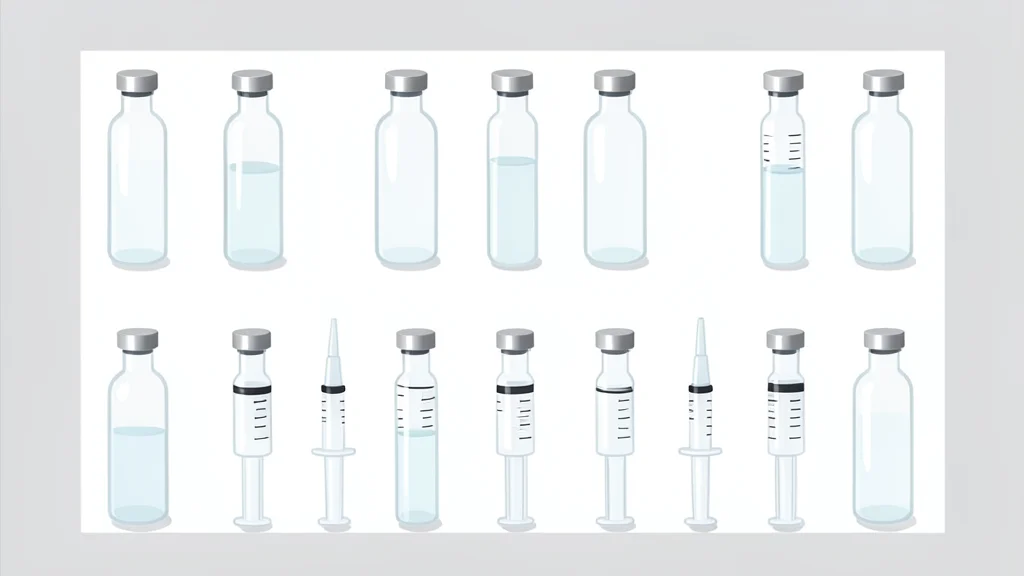 A sterile white laboratory bench with glass vials and syringes arranged neatly