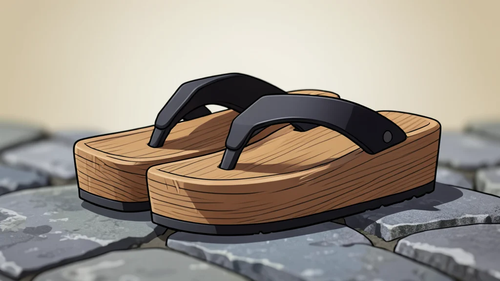 A traditional Japanese wooden geta sandal resting on a stone path